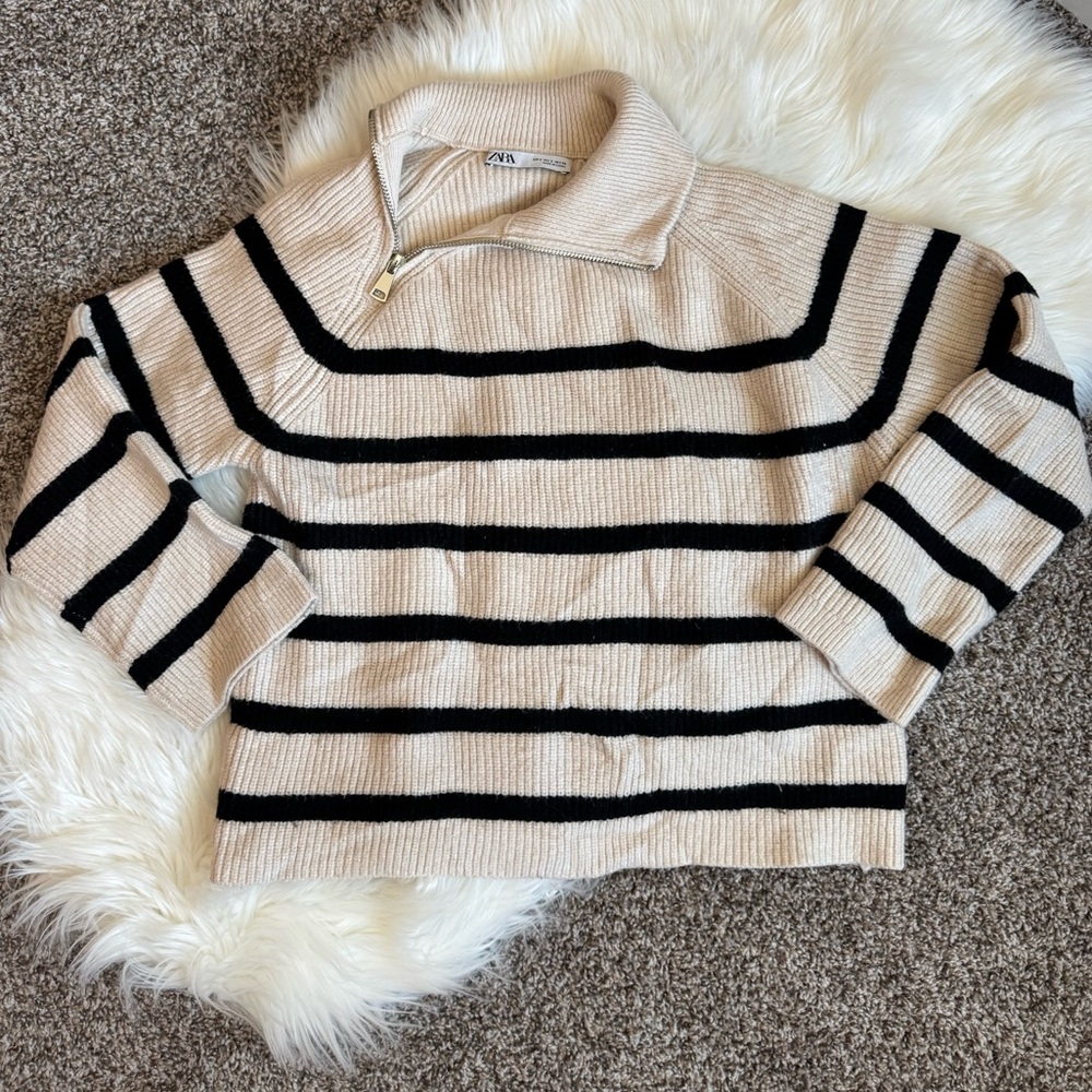 Zara Cream and Black Striped Turtleneck Sweater